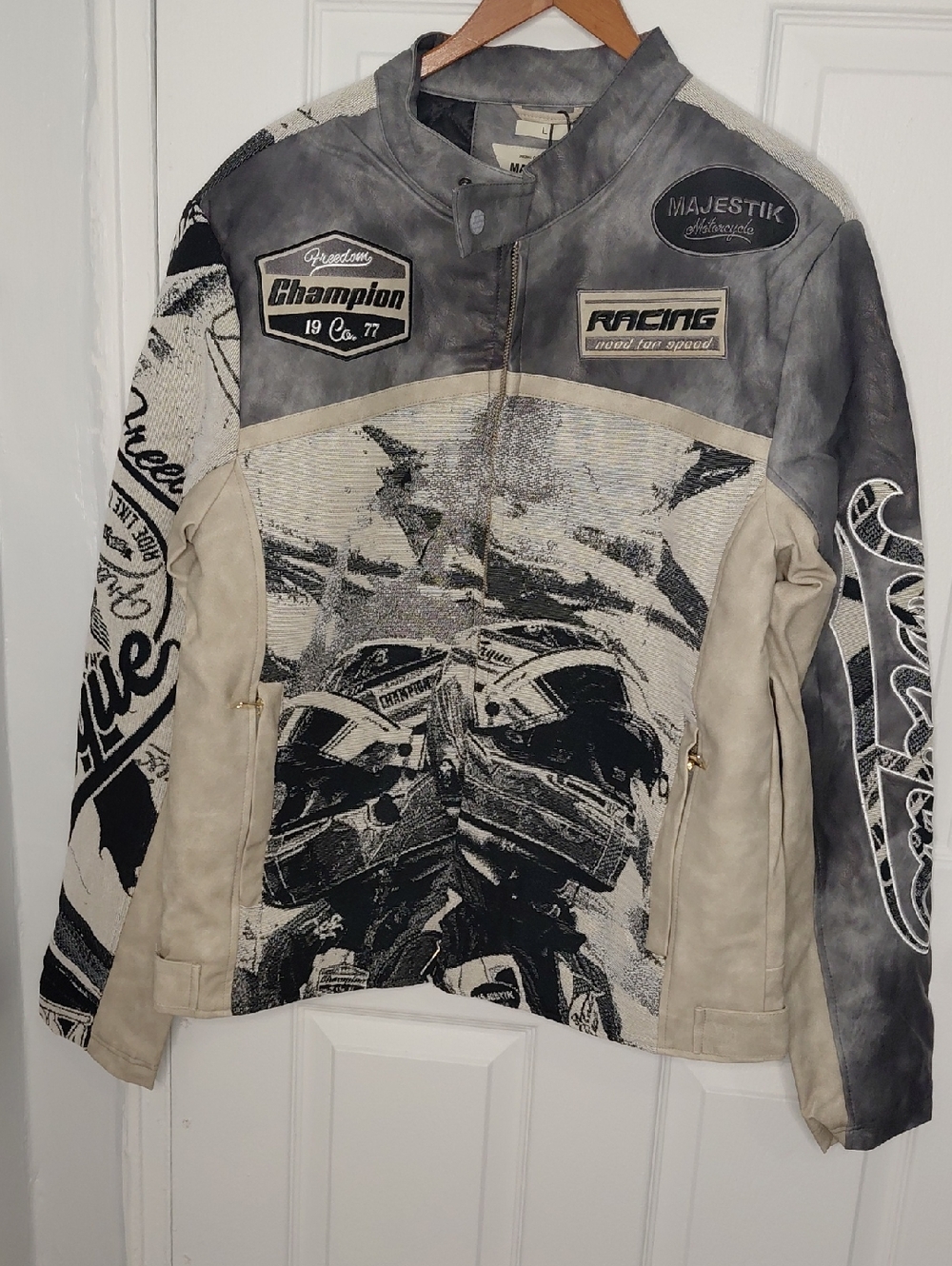 Racing Graphic Leather Jacket - Black & Cream